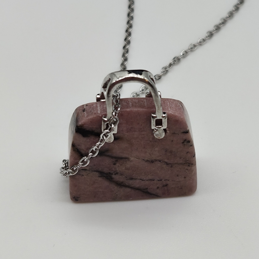 NWOT Rhodonite Handbag Shape Natural Healing Stone Pink Pendant Silver Necklace